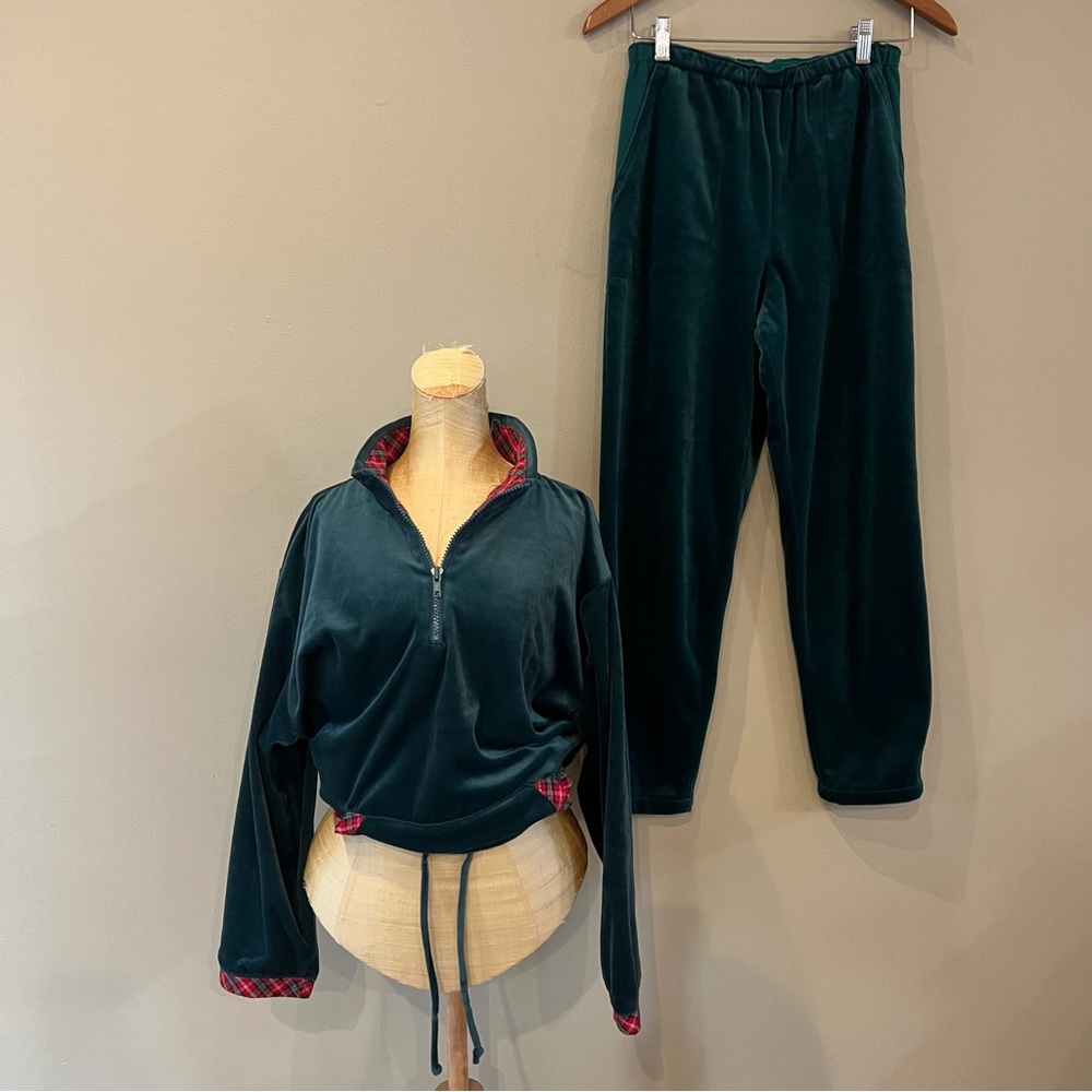 Vintage Dark Teal Velour Track Pants & Top with Red Plaid Trim